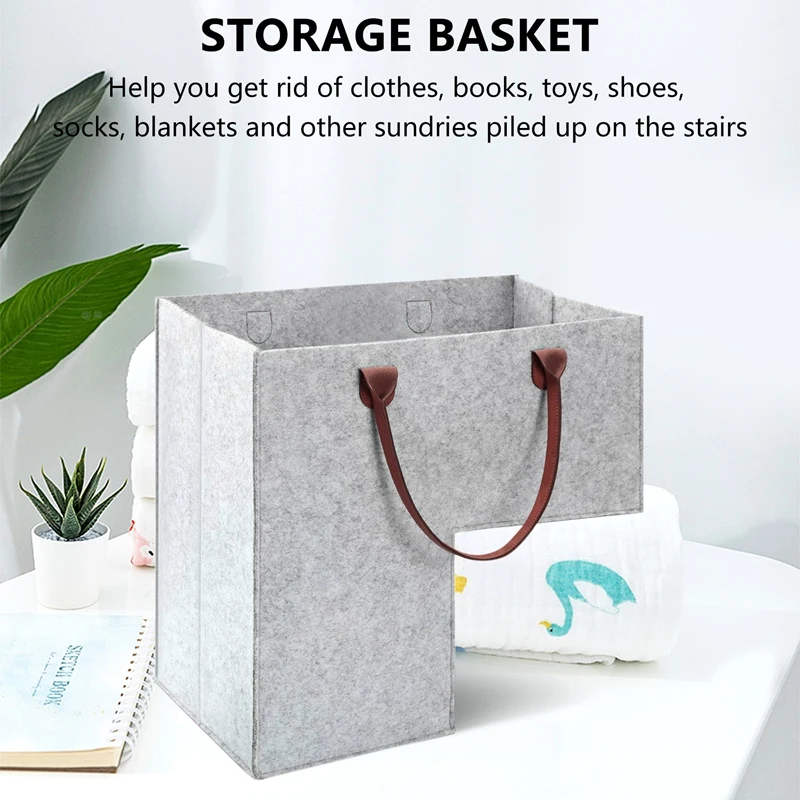 HOT-Stair Basket With Leather Handles Internal Support For 16 Inch Carpeted Stairs Organizer Felt Collapsible Basket