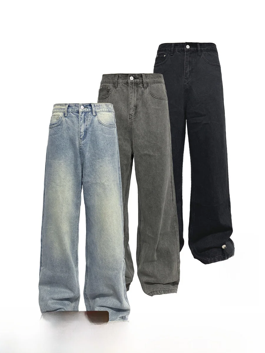 JCAESAR Classical Denims Triple Color Washed Straight Leg Jeans Natural Aged Youth Trend Wear Resistant All Seasons Loose Fit