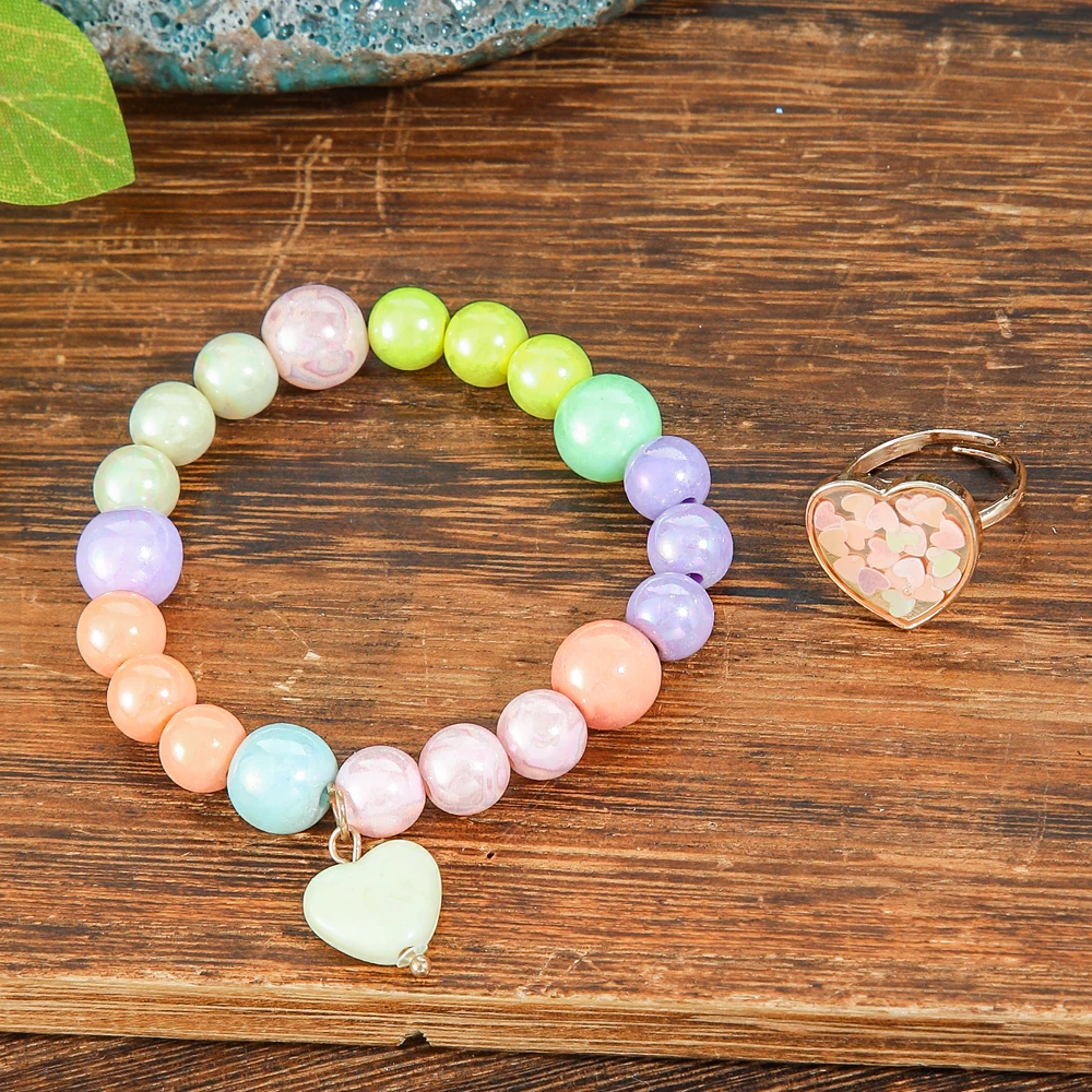 Cute Macaron-colored Bead Bracelet Love Pendant Ring for Women&Girls Adjustable Elastic Bracelet Brithday Gifts Daily Wear