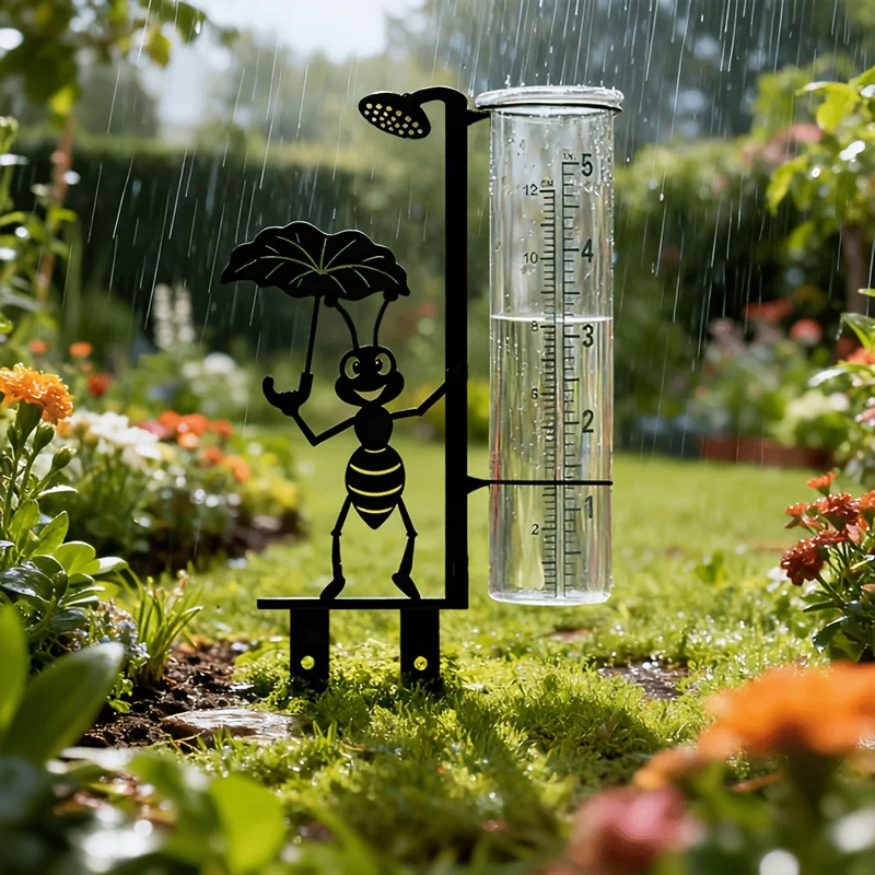 Metal Ant Rain Gauge with Glass Measuring Cup Large Clear Read Numbers Outdoor Water Meter for Garden Patio Lawn Yard Decor