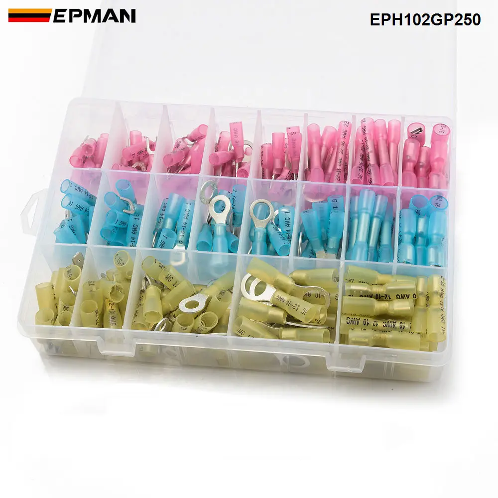 

EPMAN 250 pcs Insulated Heat Shrink Wire Electric Connector Crimp Terminals Ring Butt Kit Heat Shrink Connectors EPH102GP250