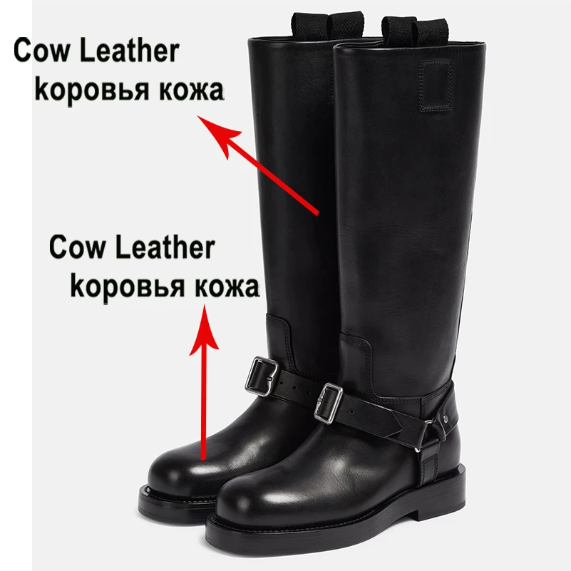 Meotina Women Genuine Leather Knee High Boots Round Toe Platform Flats Buckle Long Boots Ladies Fashion Shoes Autumn Winter 43