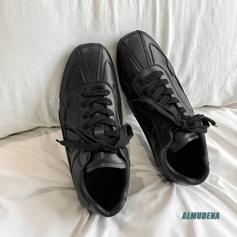 Black Leather Lace-Up Men's Casual Sneakers Round Toe Stitched Details Street Style Urban Versatile Office Daily Wear Shoes