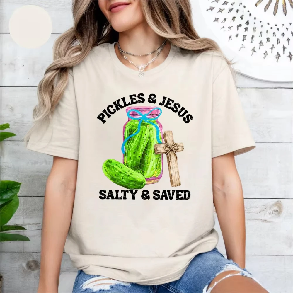 Pickles And Jesus Ribbon Jar Wooden Cross Graphic T Shirt Women Watercolor Cucumber Faith Cotton Tee Christian Girly Casual Tops