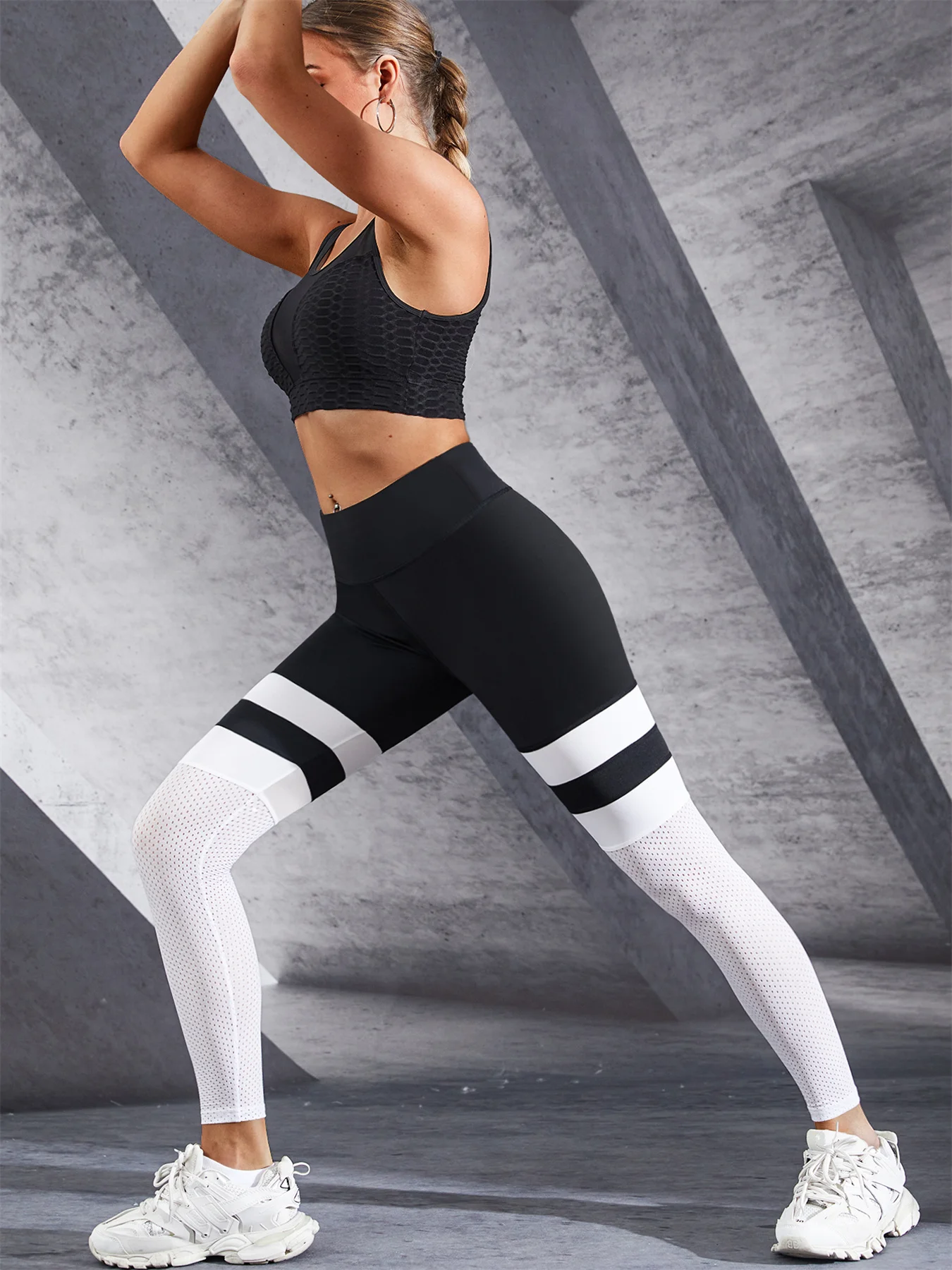 High Waist Yoga Pants Black and white Patchwork Color Contrast Breathable Mesh Tights Fitness Leggings For Women