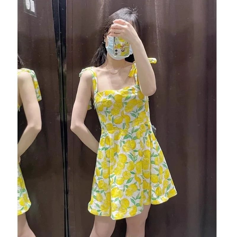 Vestido corto con estampado de limón para mujer, con espalda descubierta minivestido, Floral, Aline, elegante, con cremallera, sin mangas, tirantes, para fiesta y Club de verano, ZA Y2k