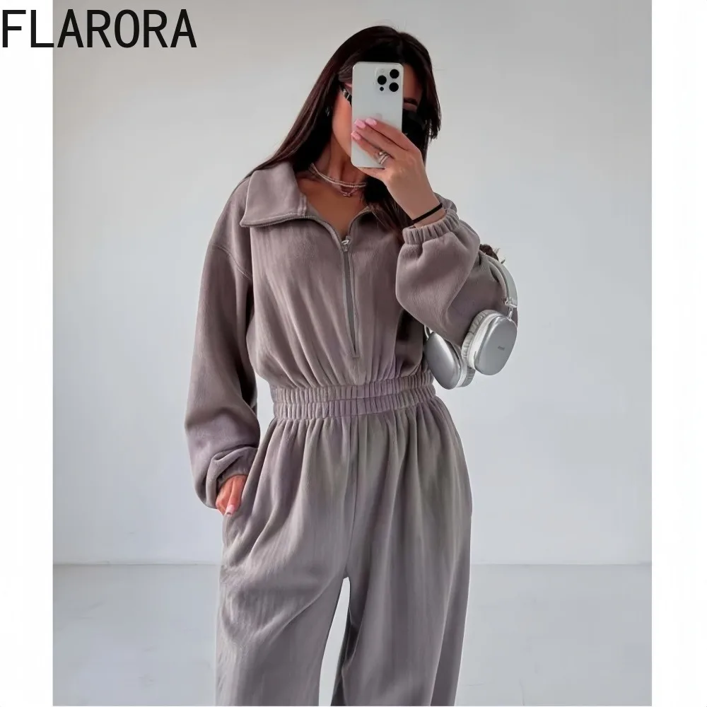 

FLARORA Autumn Casual Sports Jumpsuits Woman Laple Long Sleeve Zip Pockets High Waist Tracksuits 2025 New Lady Street Jumpsuit