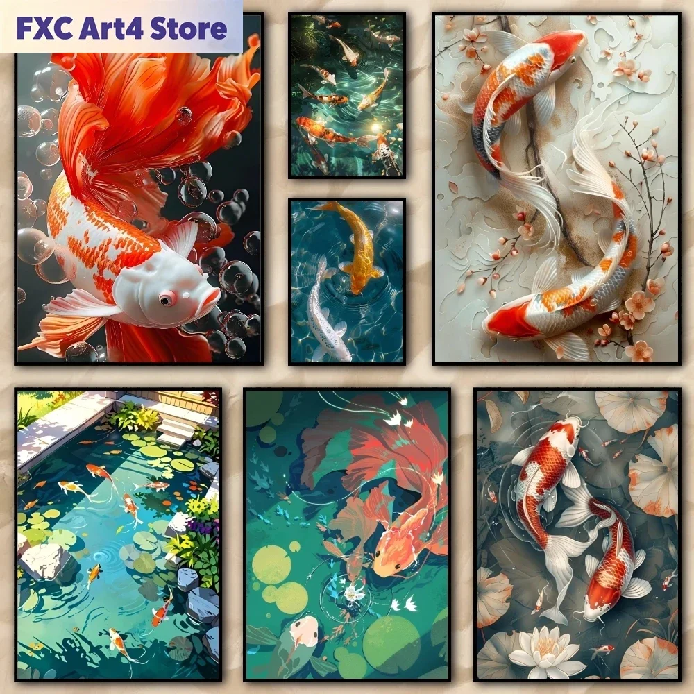 Peinture de poisson Koi sans cadre qui porte toujours bonheur, affiche HD, décoration esthétique pour salon, chambre à coucher, bar
