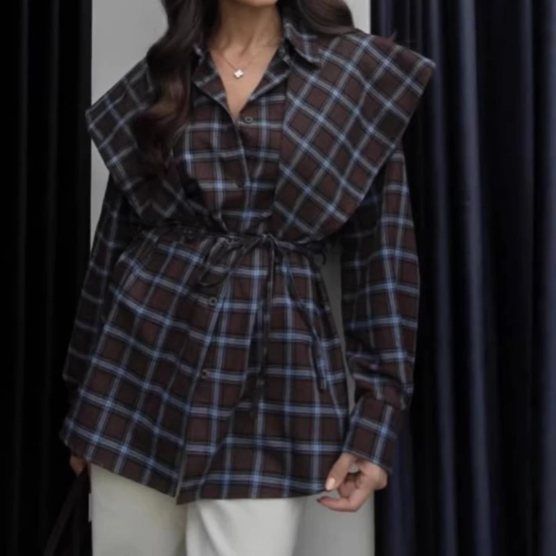 

Women's 2026 New Fashion Shawl Strap Waist Three Wear Plaid Long-sleeved Shirt Three