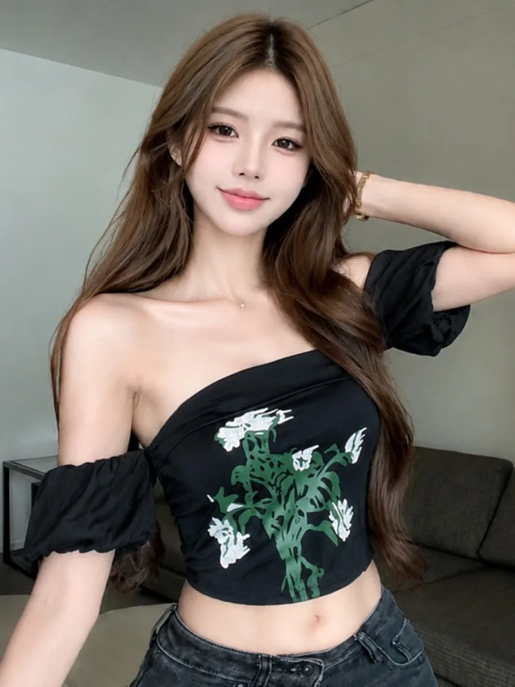 Korean Style Spicy Girl Design Printed One Shoulder Baring Ribcage Tank Top Women Summer Slimming Belly Button Short Top