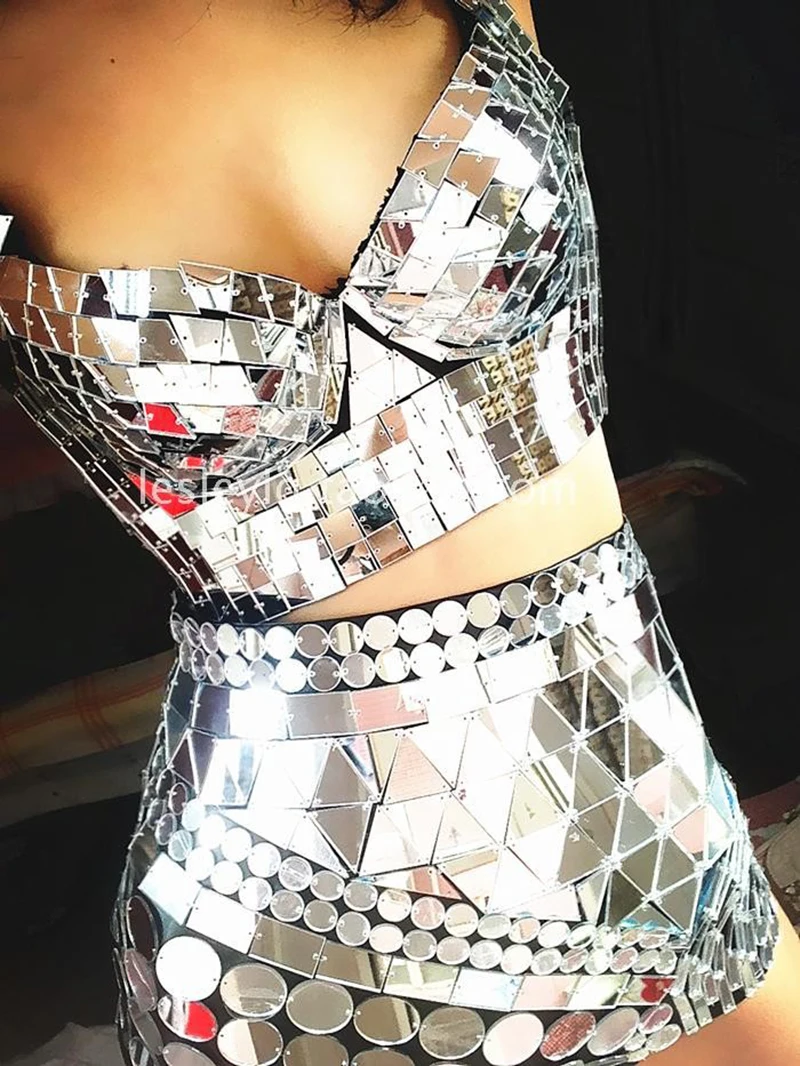 

Shining Mirrors Costume For Female Singer Costume Bodysuit Clothing Sets Reflective Halter Leotard Bra High Waist Short