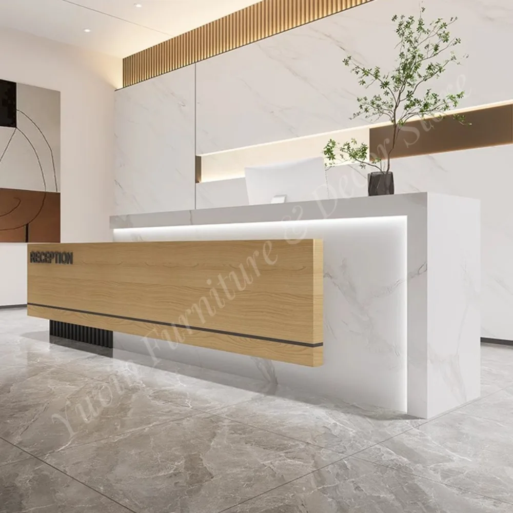 Modern Wood Office Reception Desk Chairs Set Full Edge Sealing Customizable Colors Sizes for Hotel Supermarket Use