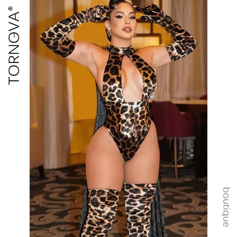

Tornova Leopard Bodysuit with Gloves Stocking 5-Piece Sissy Crotchless Body Suits Women Halter Deep-V Body Sexy Tops Tights New