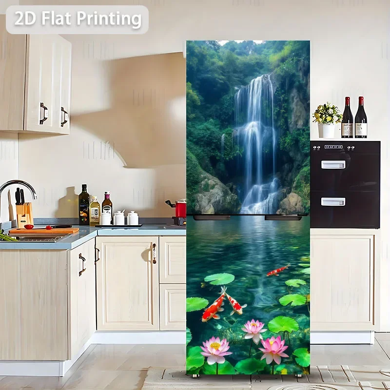 Refrigerator Sticker, Serene Waterfall Koi Theme with Lotus Landscape Design, Self-Adhesive Wall Decal Wallpaper, Suitable for