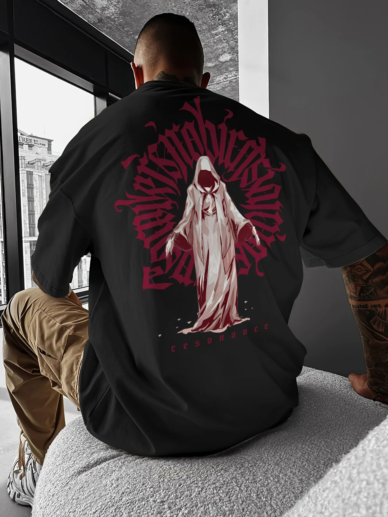 Gothic Faceless Monk Oversized T-Shirt for Men, Vintage Dark Style Graphic Tee, Harajuku Streetwear Heavy Cotton Casual Top