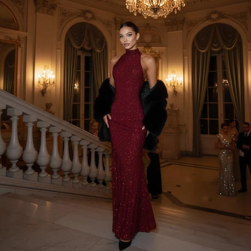 

Women Long Sequins Bodycon Dress Sleeveless With Glitter Fabric Slim Fit Elegant Evening Gown For Banquet Fashion Occasion Wear