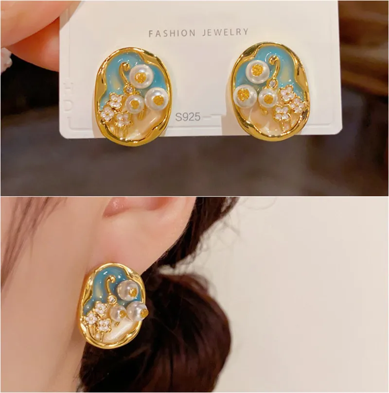 Vintage Artistic Monet's Paintings Shaped Pearl Enamel Stud Earrings for Women Gold Filled Silver 925 Exquisite Unique Jewelry