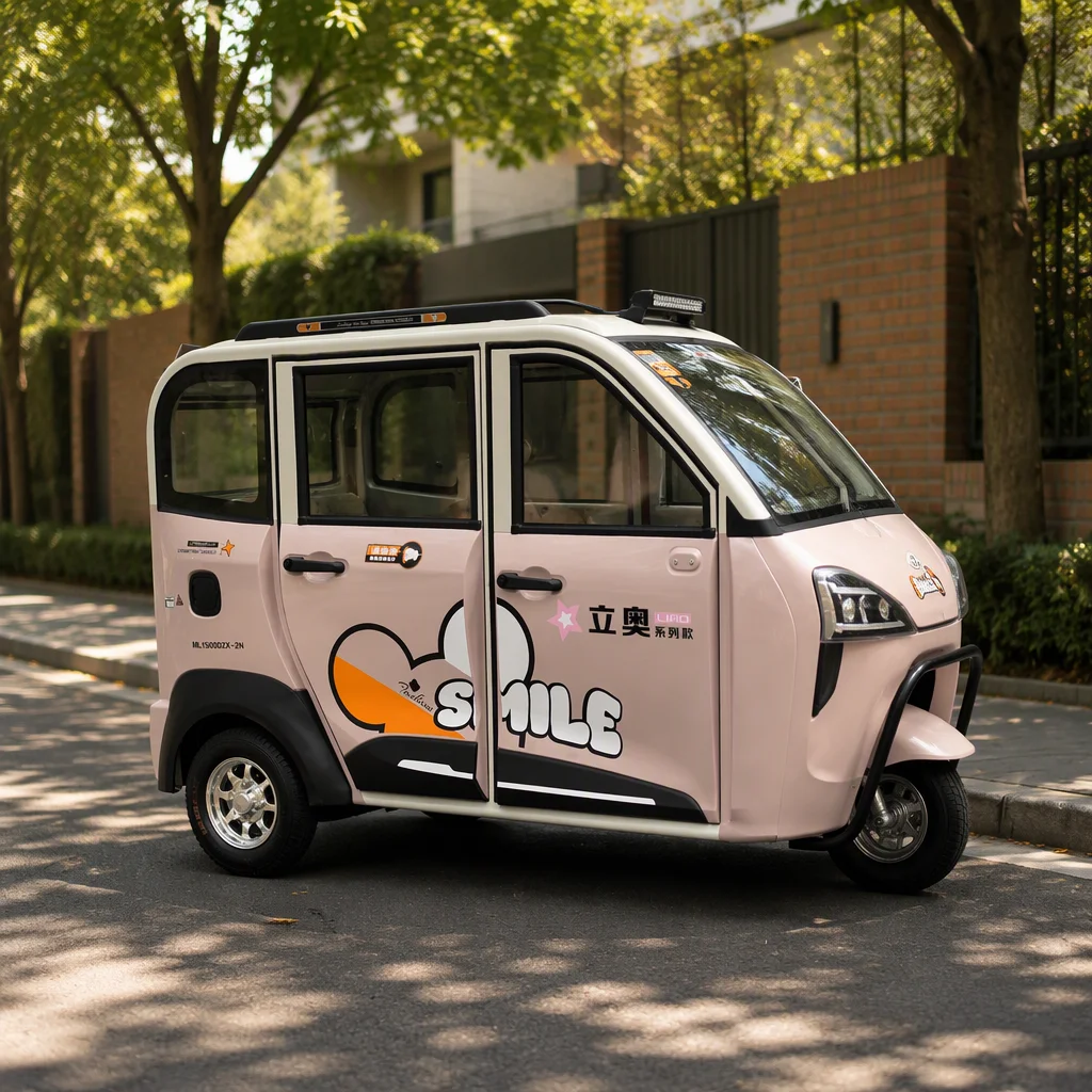 HOT Pink Fully Closed Cabin Electric Tricycle, Adult Enclosed Passenger Electric Trike with Brake, Custom Sticker OEM Available.