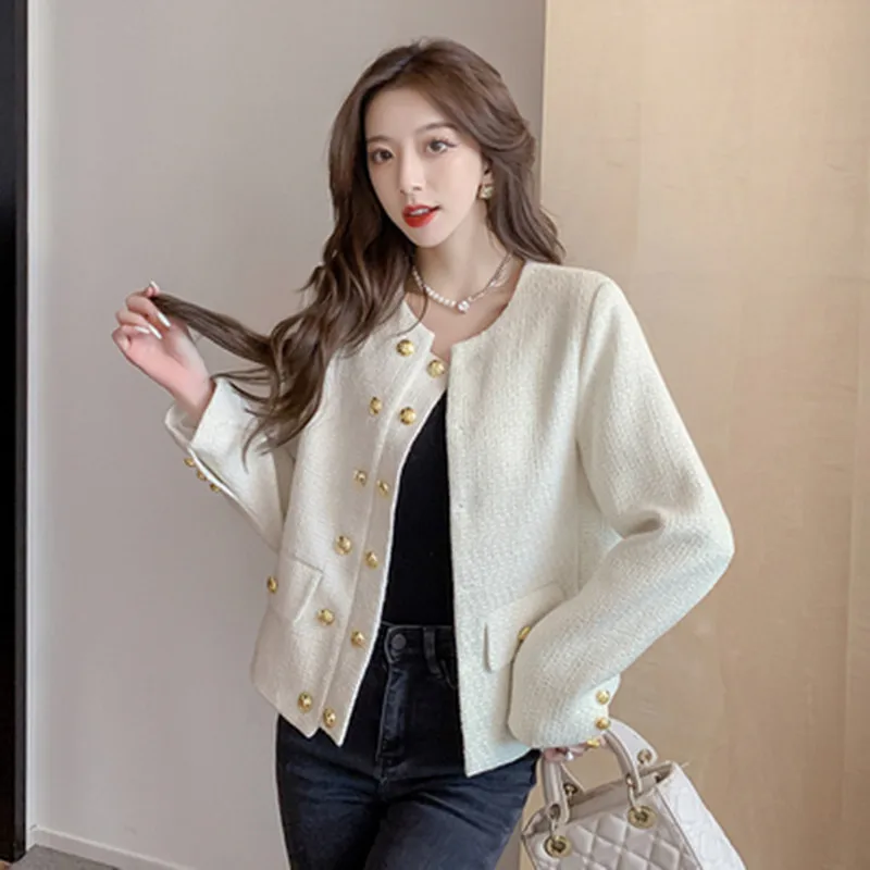 

2022 Autumn New Korean Solid Color Double-Breasted Tweed Jacket Women Temperament Casual Woolen Runway Outerwear