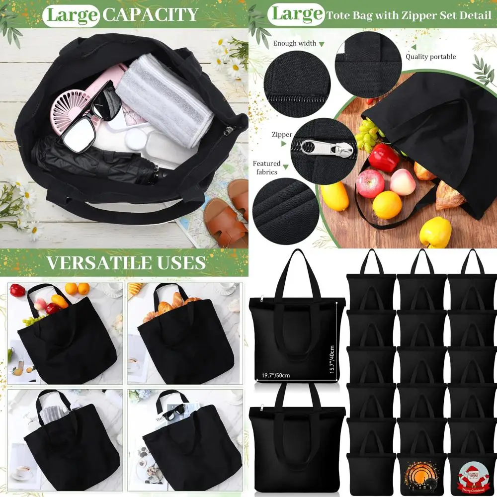 

Набор из 20 больших хлопковых холщовых сумок-тоутов на молнии, 19.7x15.8, многоразовые сумки для продуктов для рукоделия и повседневного использования (черные)