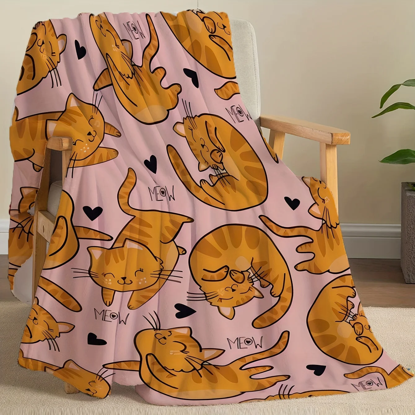 Chunky Knit Glam Cat Patterned Throw Blanket with Hearts Soft Flannel Fleece, Animal Theme, Cozy and Comfortable for Home