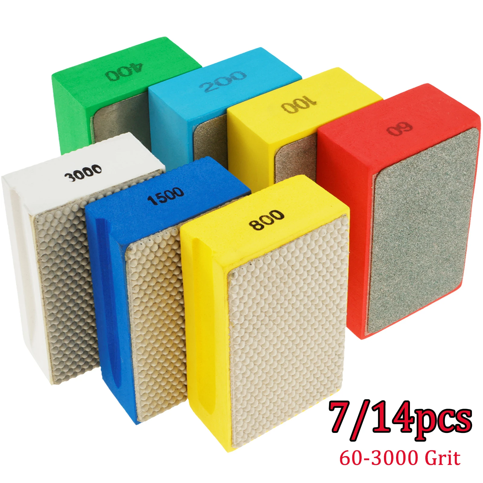 7/4PCS Diamond Hand Polishing Pads 60-3000 Grit  Abrasive Grinding Block Pad Wet  Dry Sanding Block with Sponge for Glass Tile