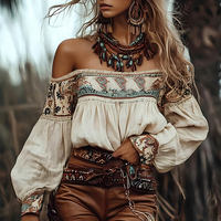 MiaMuse Select Women’s Blouses Autumn Bohemian Festival 2025 Off Shoulder Long Sleeve Loose Fit Short Holiday Peasant Blouses