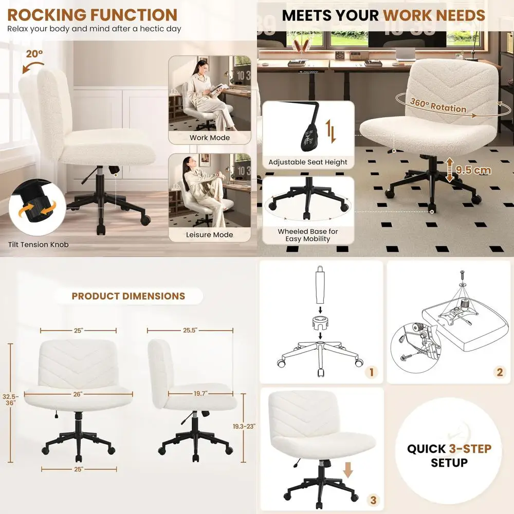 

Ivory Cross-Legged Swivel Office Chair without Wheels, Comfortable Desk Chair for Home, Reading, and Makeup