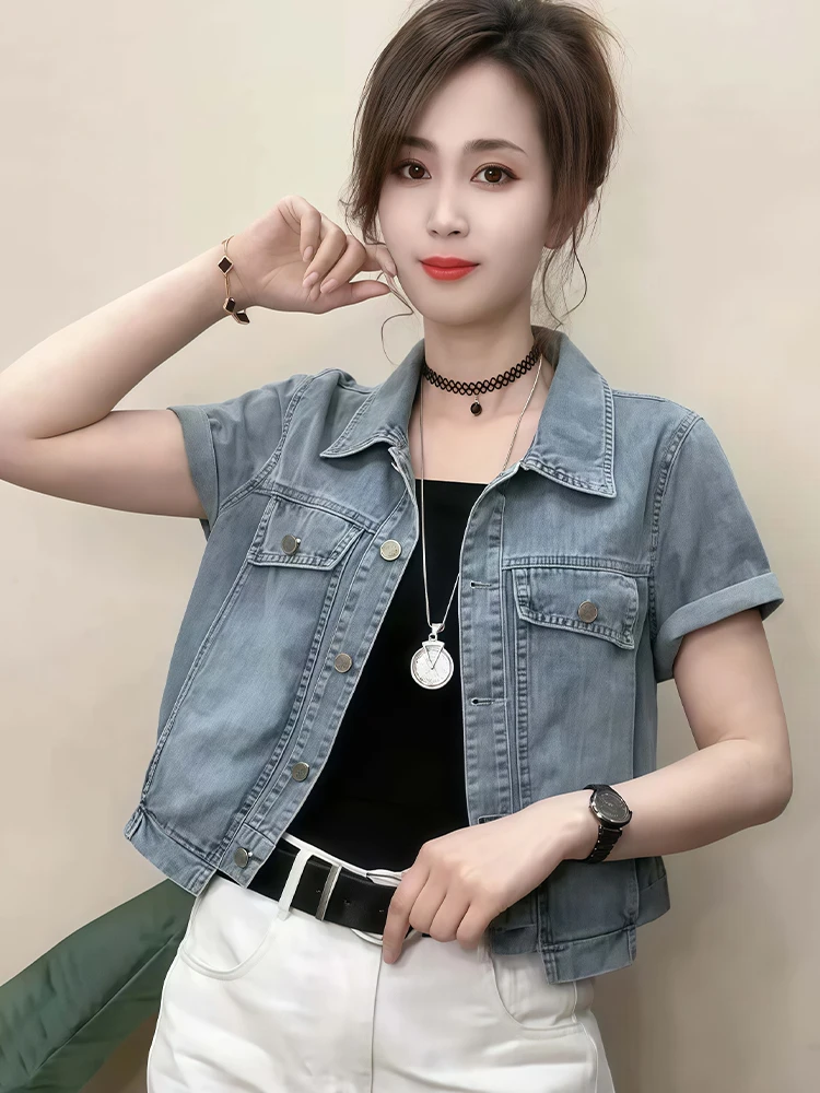 Jaqueta de Denim Curta Simples Estilo Coreano para Mulheres, Nova, Solta, Emaecida, Versátil, Redutora de Idade, Tamanho Pe...