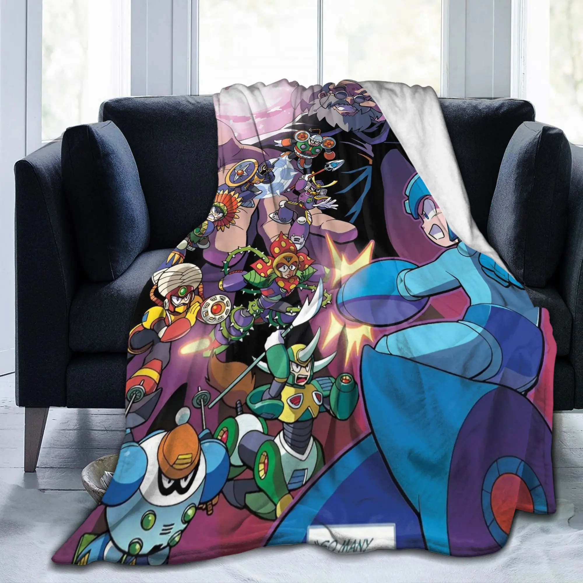 Mega Man Cartoon Rockman Game Flannel Throw Blanket Robot Masters for Bed Knitted Blanket Office Lightweight Multi-function