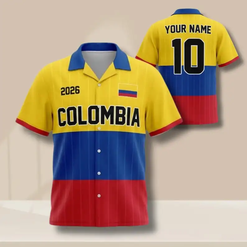 

Custom Name And Number Colombia 2026 Aloha Shirt For Men Women Short Sleeve Button Up Soccer Fan Casual Hawaiian Shirt Top