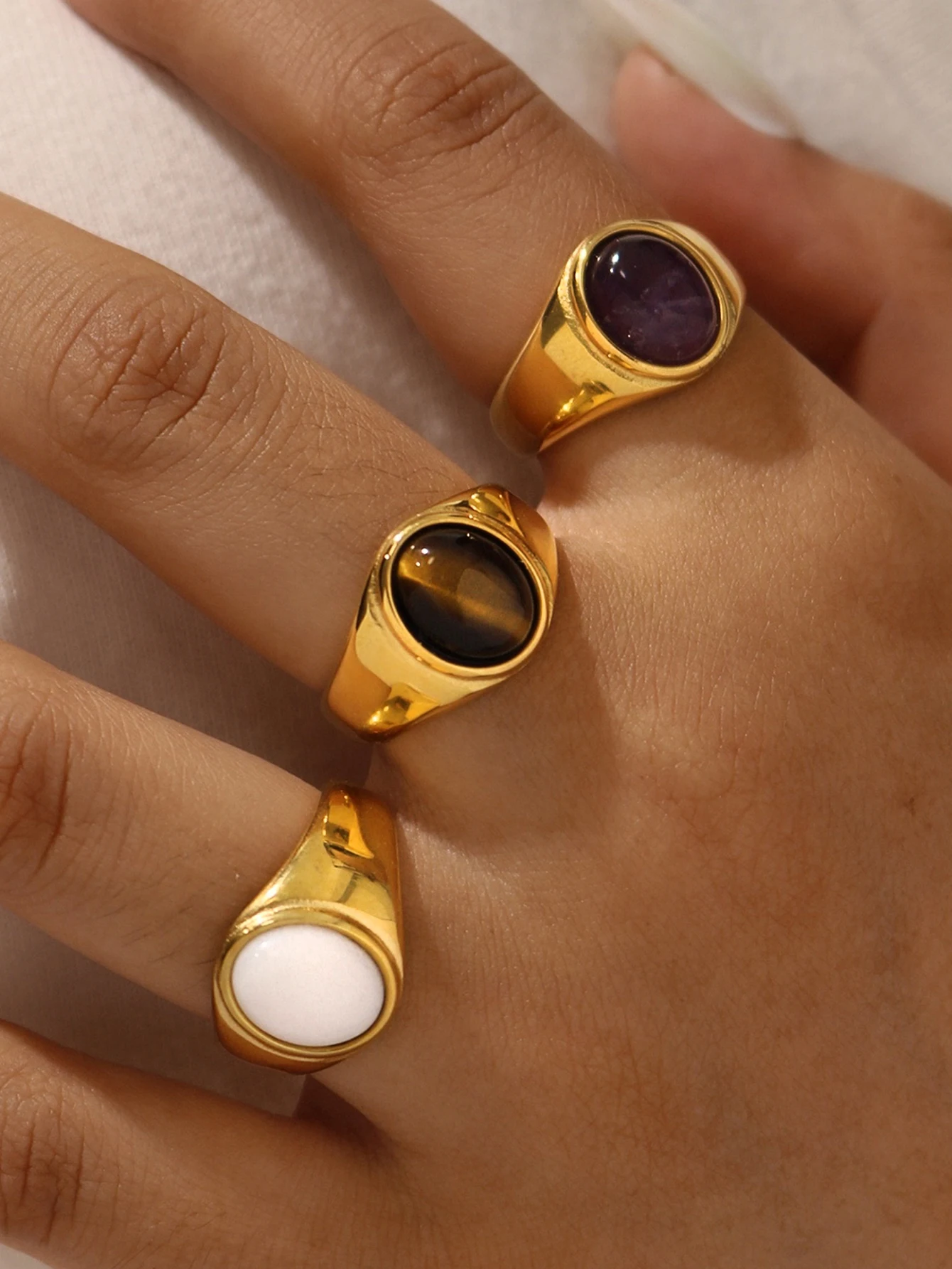 New Waterproof Natural Stone Ring for Women Vintage Gold Color Tiger Stone Rings Adjustable Women Female Chunky Jewelry Gifts