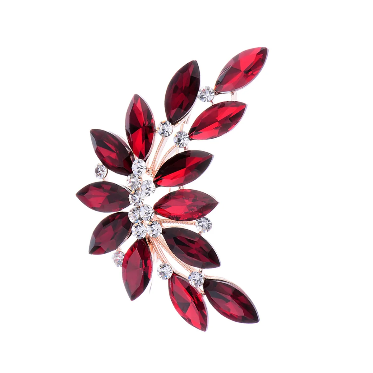 明るい赤色のクリスタルリーフ型ブーケブローチラインストーンウェディングブライダルコサージュ、ブライズメイド、プロム、特別な機会、女性用