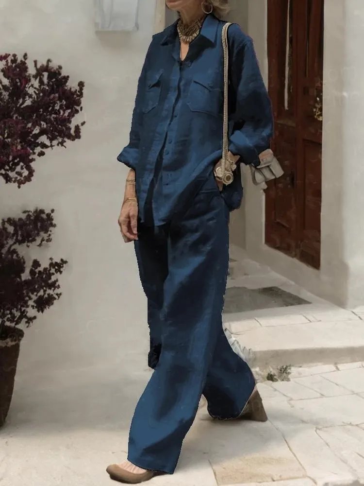 Women Linen And Cotton Two-piece Set, Loose Collared Pants, Pocket Shirt, Wide Legs, Spring And Autumn, 2024