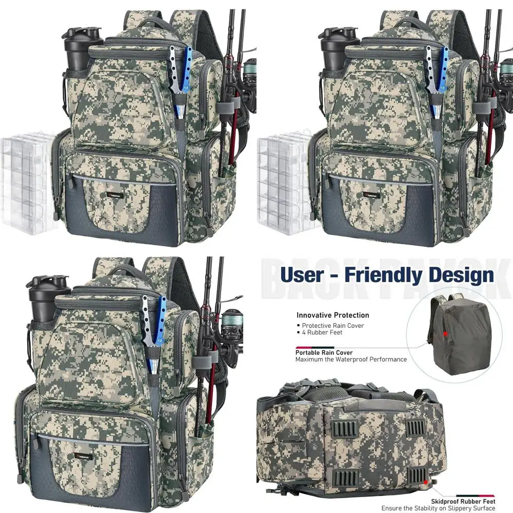 

Dual Rod Holder Backpack with 4 Tackle Boxes, Large Storage Bag with Rain Cover and Fishing Accessories