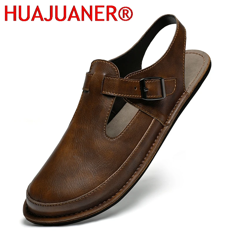 

Мужские повседневные туфли ручной работы, мужские сандалии из натуральной кожи, дышащие туфли на мягкой подошве, летние пляжные прогулочные туфли без шнуровки для мужчин