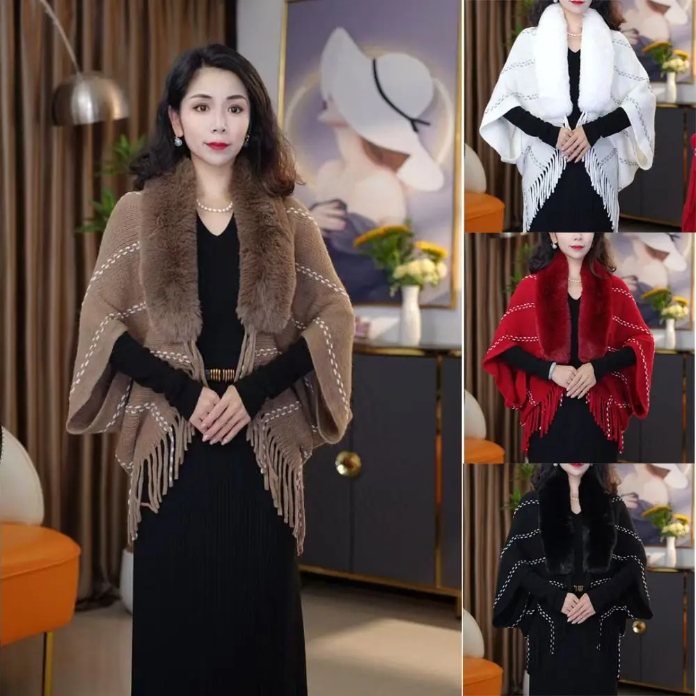 

Winter Warm Faux Fur Collar Shawl Knitted Thick Wraps Scarf Luxury Elegant Tassel Loose Shawl for Evening Dresses Wedding