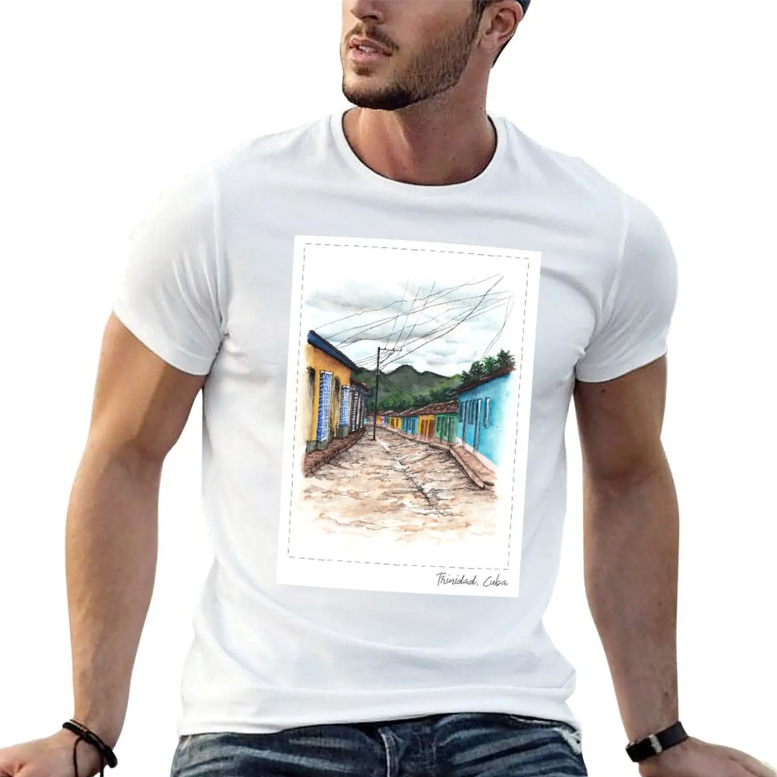 

Hand Painted Cuban Street T-Shirt cotton t shirt pack t shirt man casual t shirts for man pack cotton T-shirt
