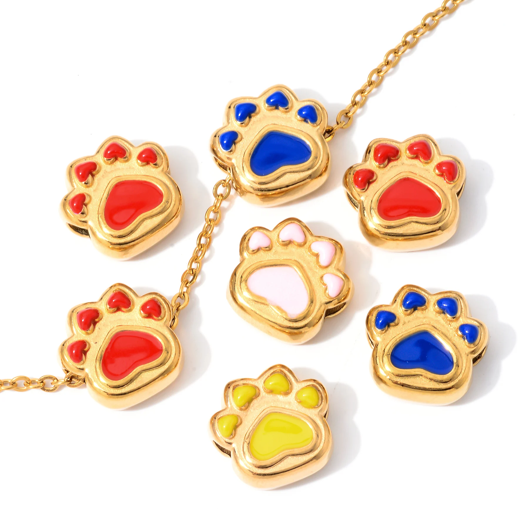 

10Pcs Colorful Paw Print Spacer Beads 3mm Holes Stainless Steel Enamel Accessories for Making DIY Necklace Jewelry