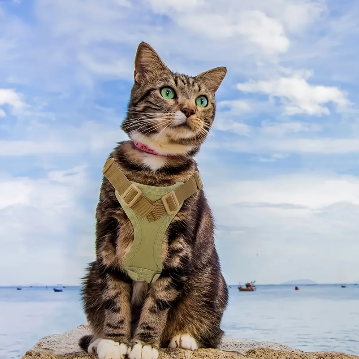 Khaki Tactical Cat Chest Harness Vest Type Lead Rope Anti-Break Adjustable Walking Cat Leash Dog Small Dog Chain One Outfit