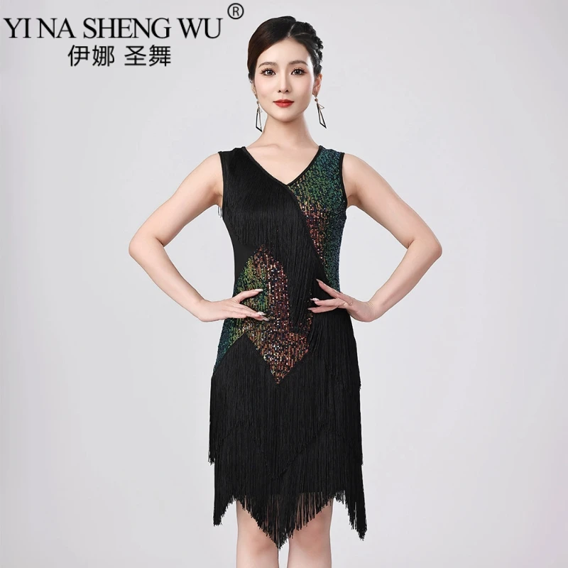 فستان شرابة للرقص اللاتيني مزين بالترتر للنساء فساتين أداء تانجو رومبا سامبا للبالغين ملابس حفلات المنافسة اللاتينية