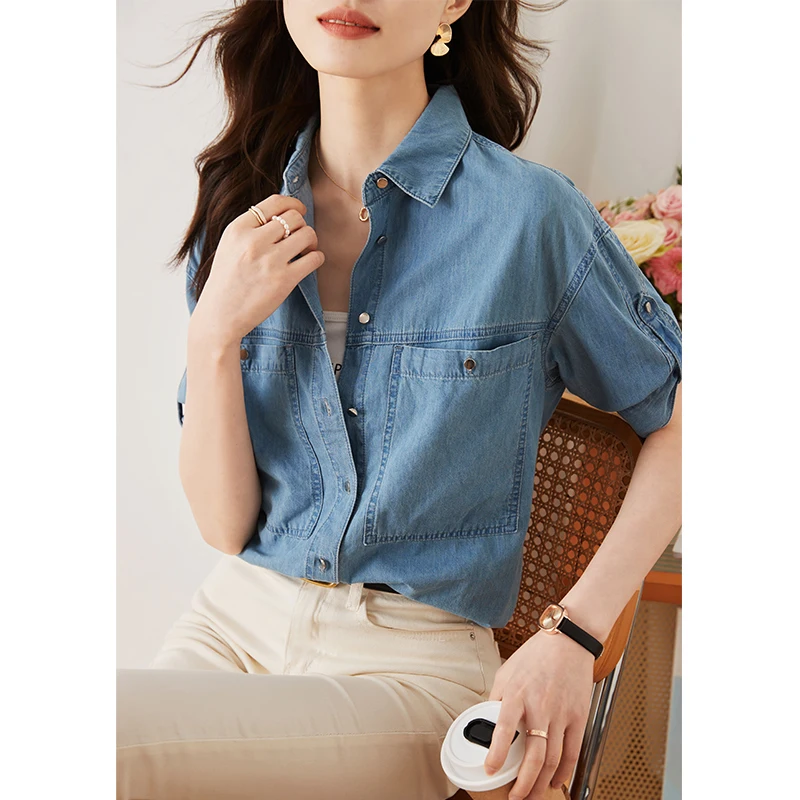 2023 New Summer Simple Fashion Single-breasted  Korean Loose Vintage Short Sleeve All-match Blue Denim Shirt For Women Z364