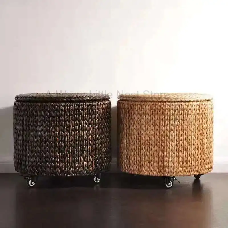 

Living Room Furniture Retro Mobile Roller Skating Round Stool Manual Rattan Woven Small Stool Storage Box with Cover Footrest