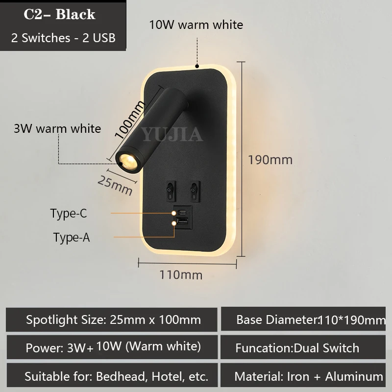 Moderne led-wandkandelaar leeslamp 2 schakelaars Type-A & Type-C USB-poorten 3W verstelbare spotlight + 10W backlight bedlampje