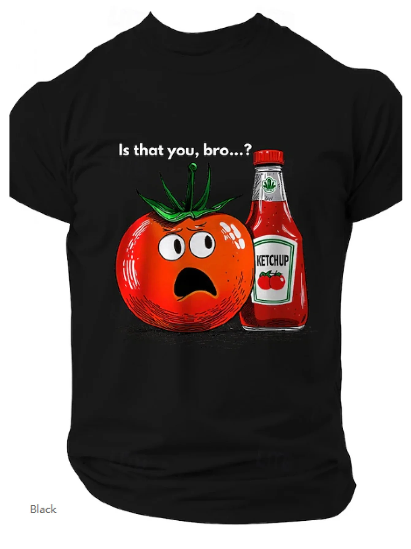 Neutral and Fun Cartoon Tomato Sauce Pattern T-shirt with Humorous Quote 