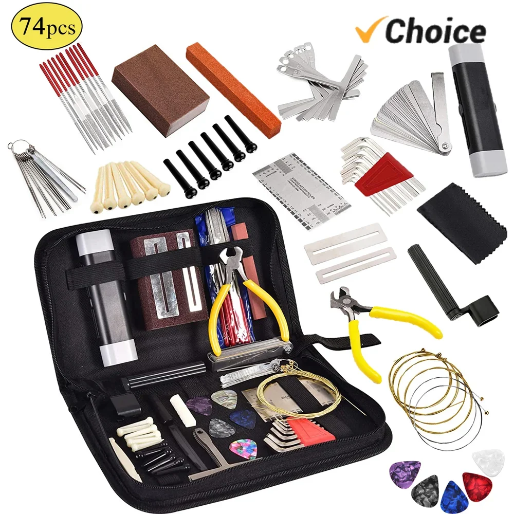 14PCS/57PCS/74PCS  Guitar Tool Kit Carry Bag Repair Tools String Action Ruler Luthier File Guitar Bridge Pins for Guitar Ukulele