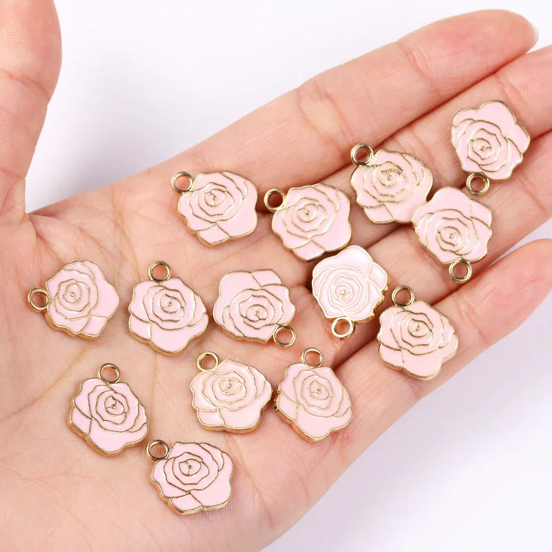 20Pcs 14*17mm Enamel Alloy Rose Pendant DIY Necklace Bracelet Earrings Drip Oil Flower Charms for Jewelry Making Craft Accessory