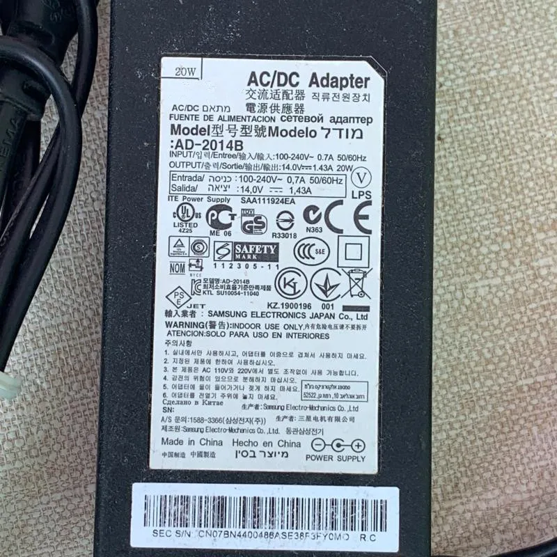 14V 1.43A AD-2014B 20W AC DC Adapter Charger For Samsung S19B300NW S19B300B S19B150N LCD LED Monitor 14020GN S22B360H