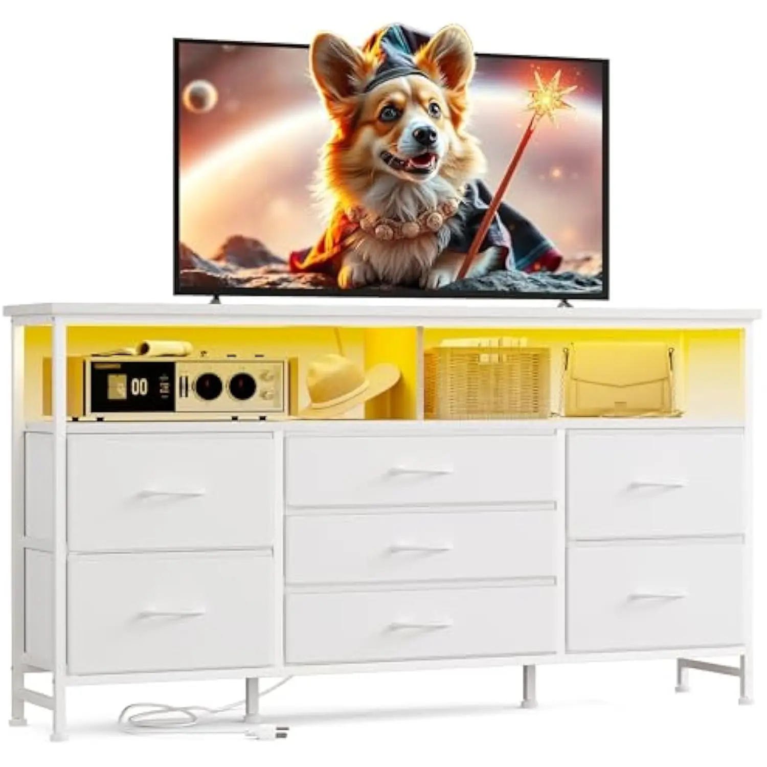 

55 inches long dresser white dresser for bedroom with power outlets and led lights, 65-inch tv stand with 7 fabric drawers, tv