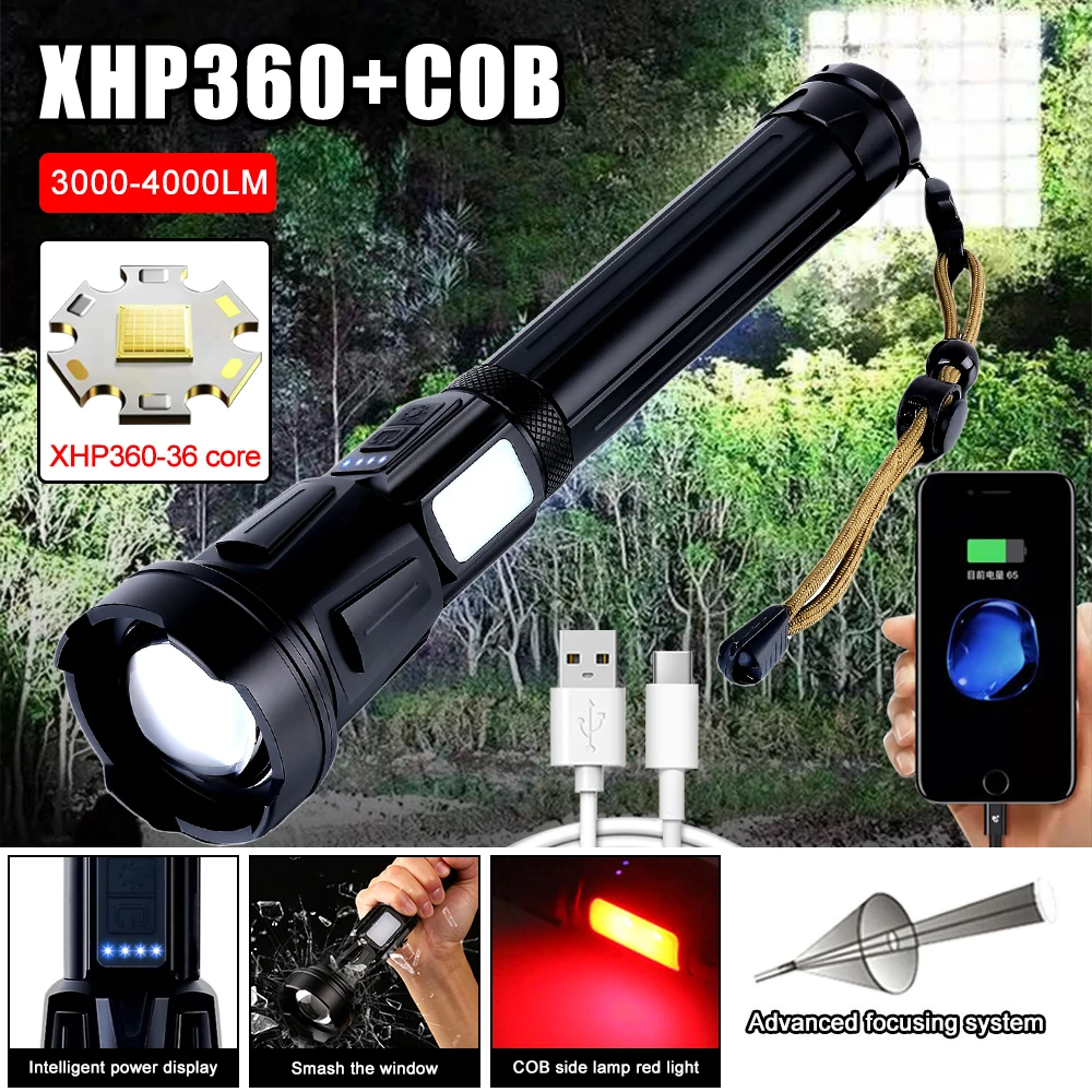 Ultra Powerful P90 flashlight dual switch type-c rechargeable super bright flashlight with cob side light camping hunting light